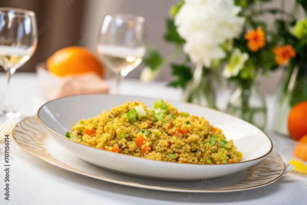 Table setting with food, quinoa salad with orange and pistachio
