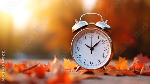 almost time concept  Alarm clock in colorful autumn leaves