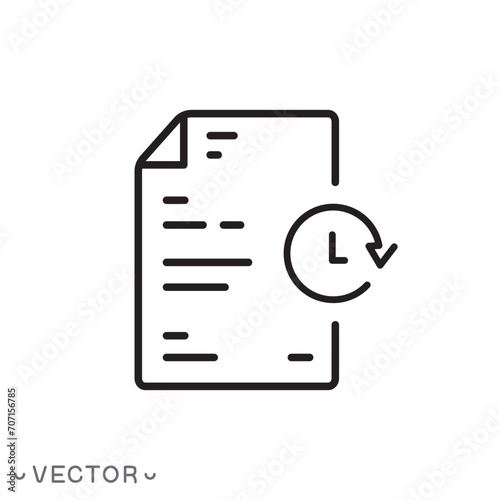 history document icon, list order payment or hour purchase, clock with paper checklist, note information, thin line symbol isolated on white background, editable stroke eps 10 vector illustration