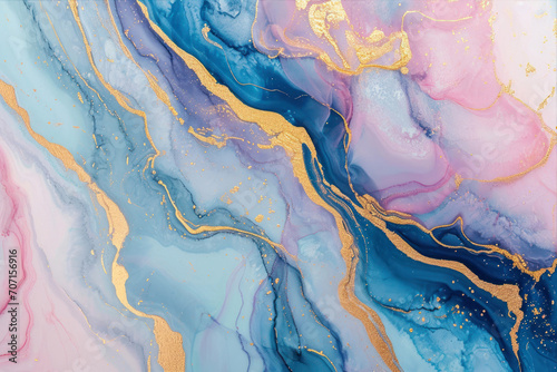 Abstract blue and gold marble pattern. Liquid marble texture with golden glitter.