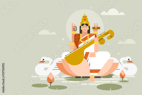 Illustration of Indian goddess 'Saraswati' sitting on lotus