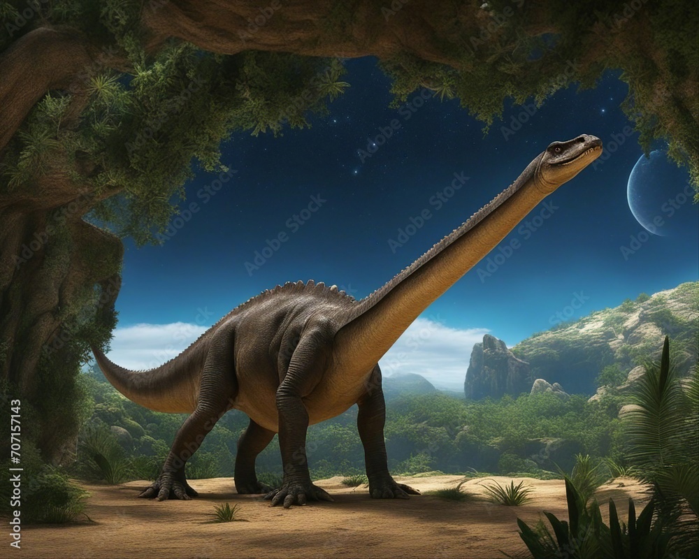 Fototapeta premium dinosaur in the forest A sauropod was a curious animal that inhabited the earth in the ancient times, 