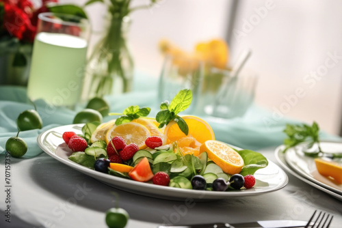 Table setting with food  healthy fruit and vegetable salad 