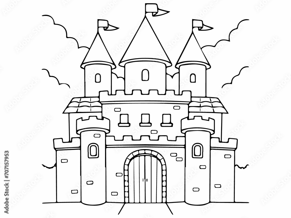 illustration of a castle kids coloring book, sketch, coloring page.