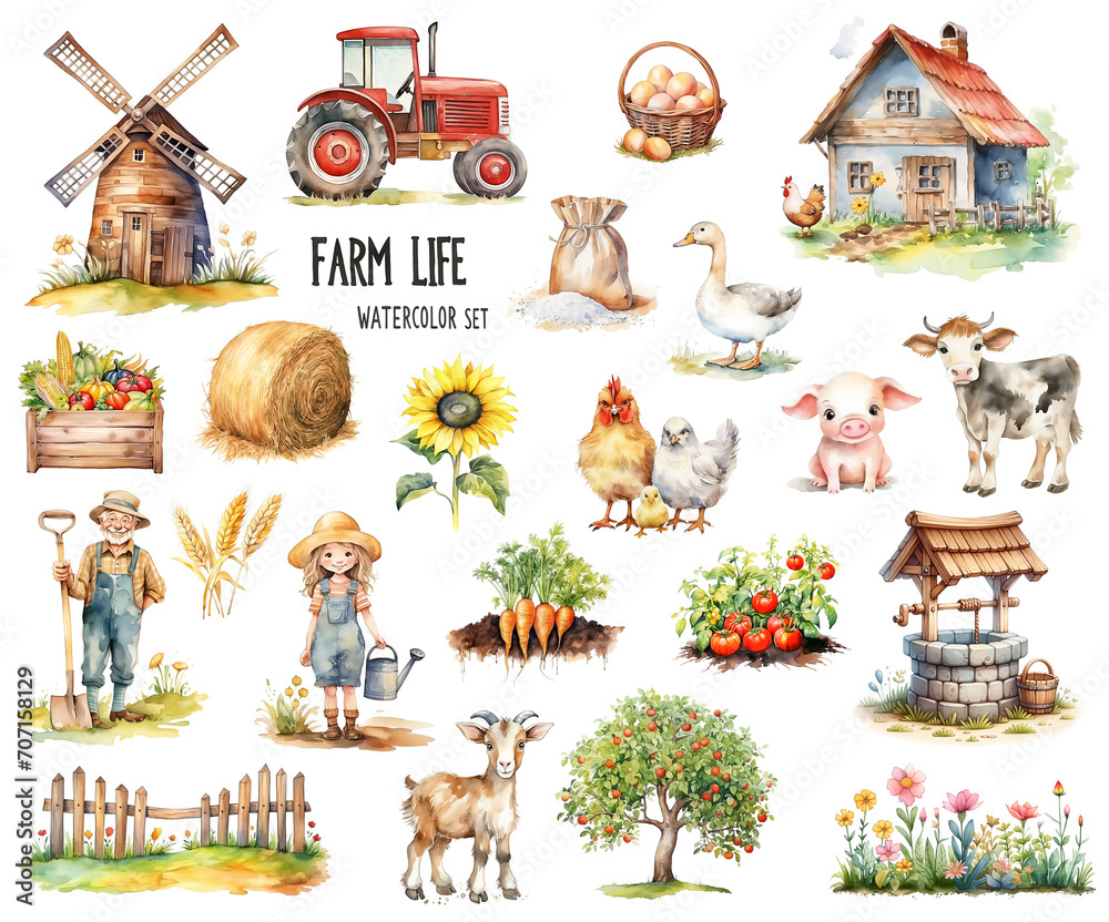 Big watercolor set of farm life with windmill, tractor, animals ...