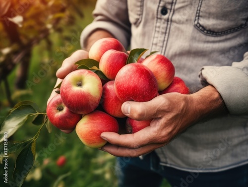 Close up of farmer male hands picking fresh apples. the front view. Organic food, harvesting and farming concept