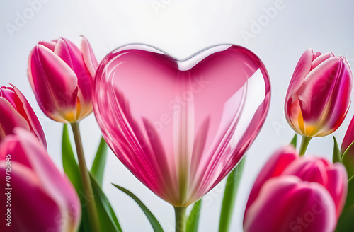 A postcard with a large pink transparent crystal, glass heart and tulips. There are rays of light coming from it. Love, Valentine's day, wedding