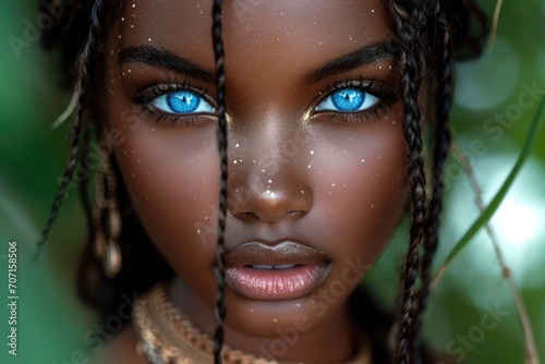 Close-up portrait of a dark-skinned young woman, blue eyes, golden jewelry style, unearthly beauty, well-groomed skin
