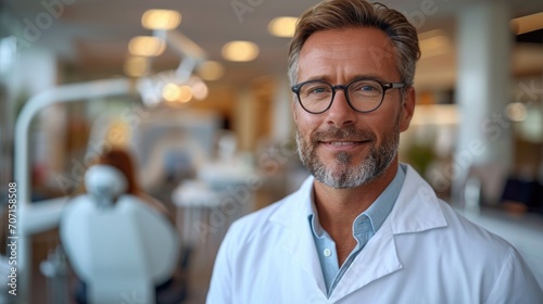 Professional dental surgeon in a clinic, emphasizing oral health and dental care.