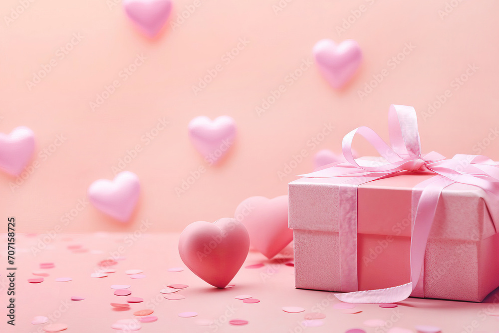 Pink Gift Box and Hearts. Valentine's Day Present with Elegance.