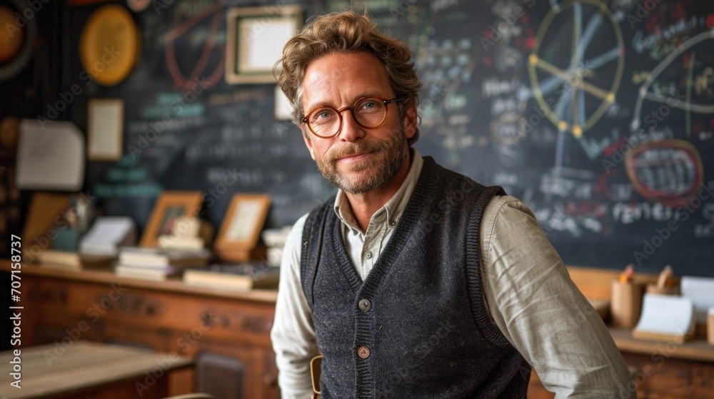Fototapeta premium Experienced high school teacher in front of a blackboard, representing mathematics education.