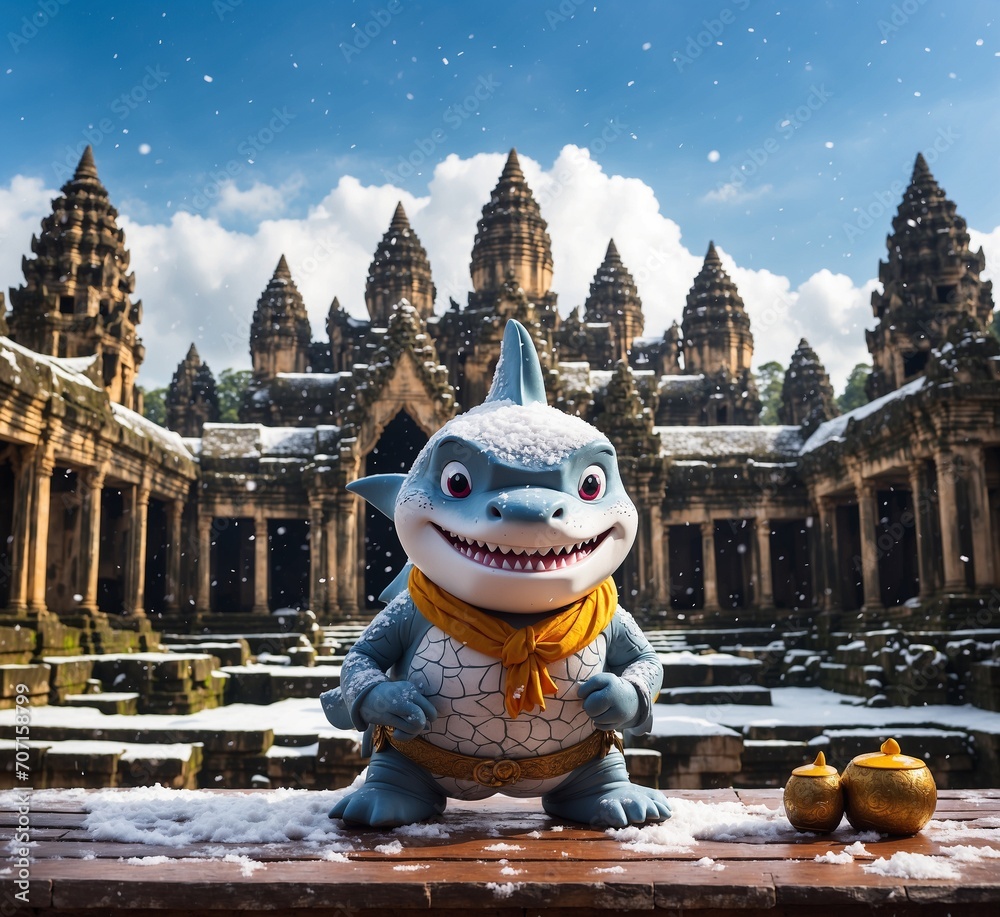 Fototapeta premium Funny Shark Mascot Character with Angkor Wat, Siem Reap, Cambodia, Asia.