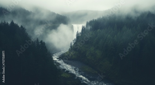 waterfall in the style of atmospheric woodland imagery, misty gothic, aerial view. © olegganko