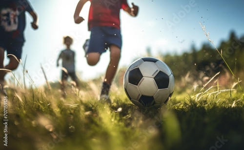 children kicking soccer ball in grass on sunny day. © olegganko
