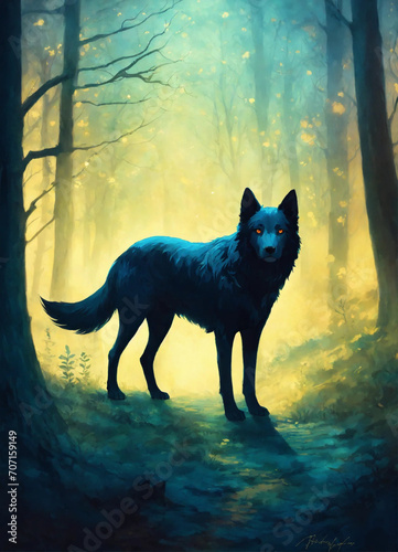 Cachorro etéreo, quase transparente, de olhos brilhantes, guiando espíritos perdidos em uma floresta noturna photo
