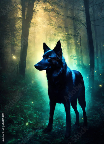 Cachorro etéreo, quase transparente, de olhos brilhantes, guiando espíritos perdidos em uma floresta noturna photo