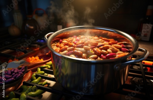 a large pot of beans cooks on a stove .