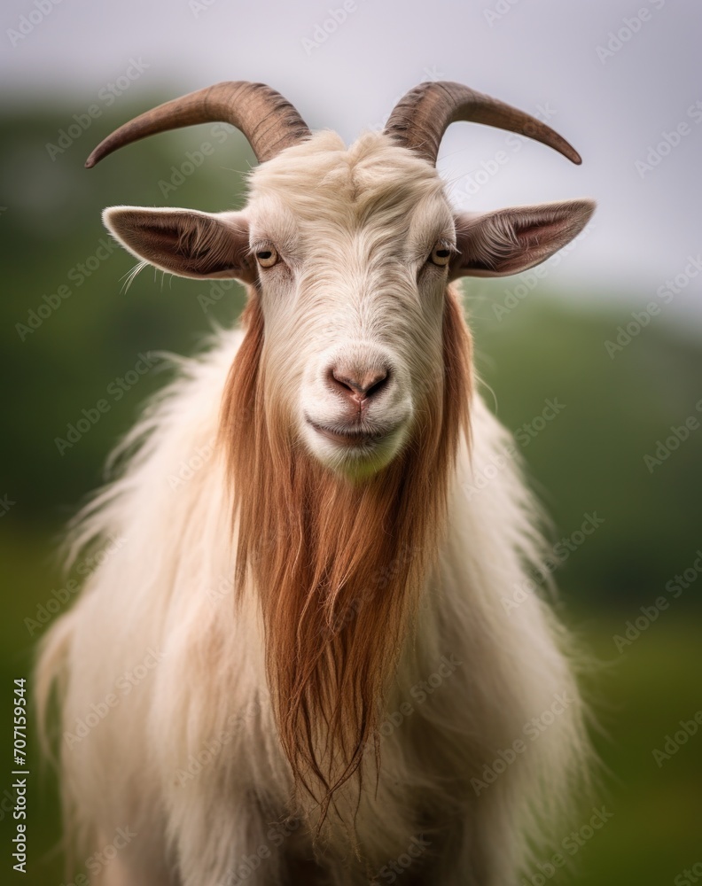 a goat with brown horns and a white coat standing on the grass.