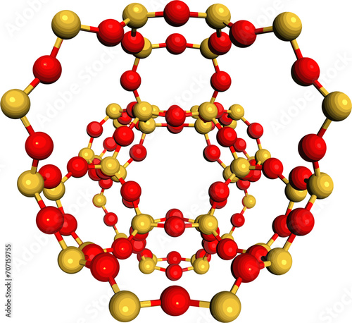 Molecular render of Porous Zeolite materials: Atoms in Chabazite Zeolites (CHA) structure illustration