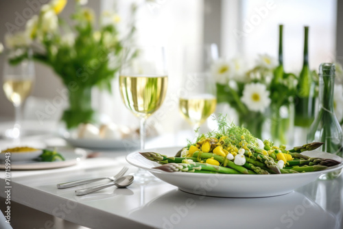 Table setting with food, grilled asparagus salad photo