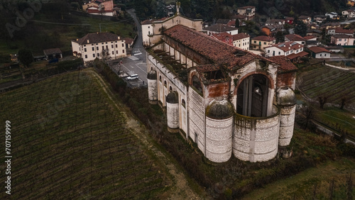 Brendola Incompiuta Cathedral, Vicenza Italy. Aerial view of the church on a cloudy afternoon. photo