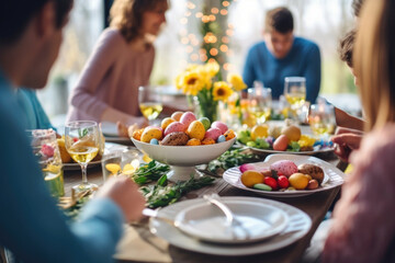 Happy multi generational family having Easter dinner together, table setting with traditional food and spring flowers for Easter celebration