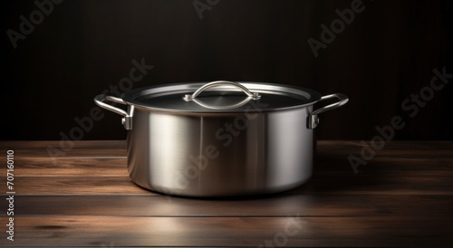 stainless steel pot and lid on a wooden surface.