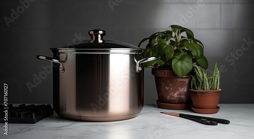 a pot in a kitchen on a countertop .