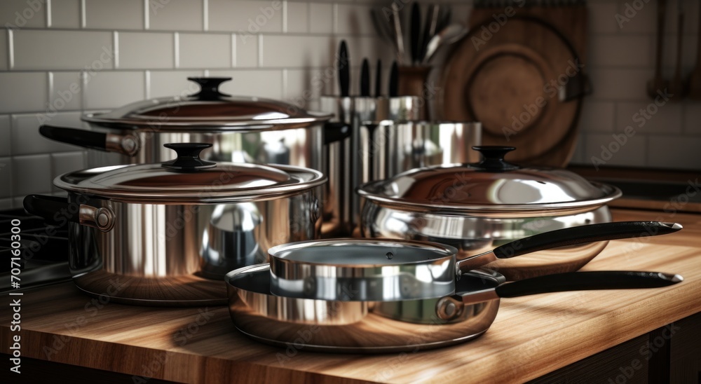 stainless steel pot and lid on a wooden surface. stainless steel pot and lid on a wooden surface.