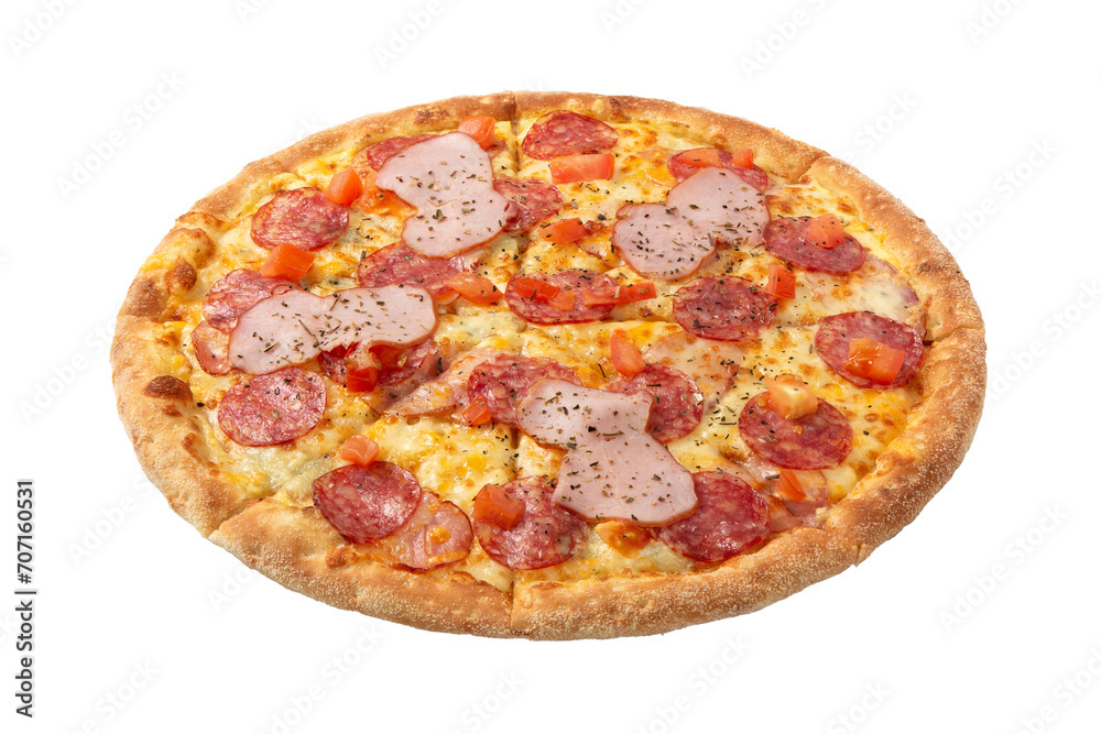 Delicious classic italian Pizza Pepperoni with sausages and cheese mozzarella.