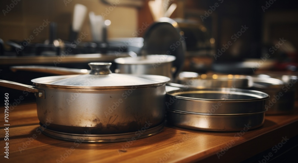 stainless steel pot and lid on a wooden surface. stainless steel pot and lid on a wooden surface.