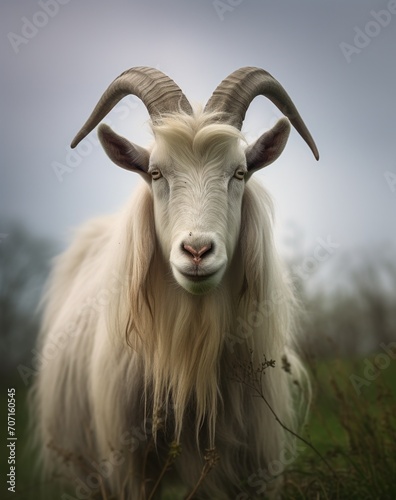 a goat with brown horns and a white coat standing on the grass.