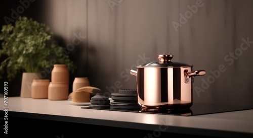 a pot in a kitchen on a countertop .