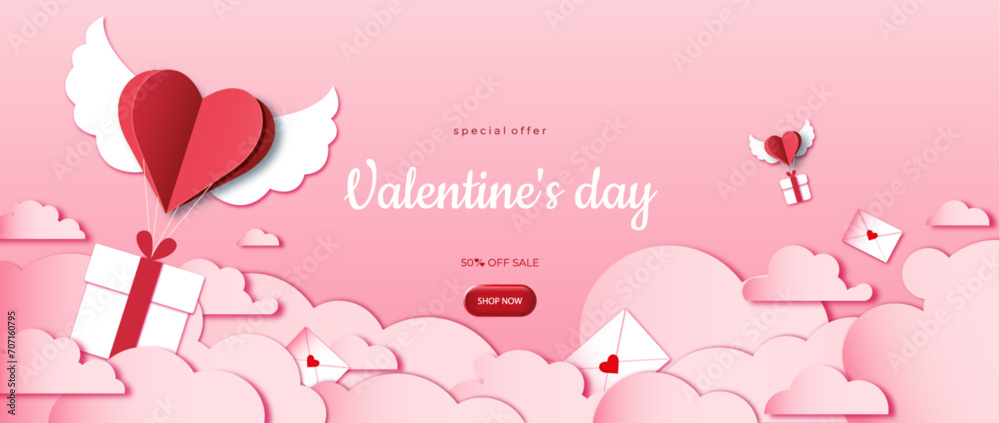 Valentine's Day sale banner. Horizontal banner with pink sky and paper cut clouds. Place for text. Happy Valentine's day sale header or voucher template with hearts. Rose  Paper cut style illustration