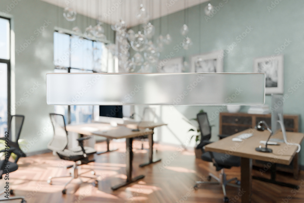 transparent text box in front of modern minimalistic pc workspace in luxurious loft office and panoramic view; remote work home office concept; bright daylight; 3D rendering