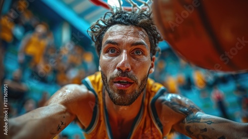 Intense basketball player shooting a basket, capturing the excitement of an indoor basketball game.