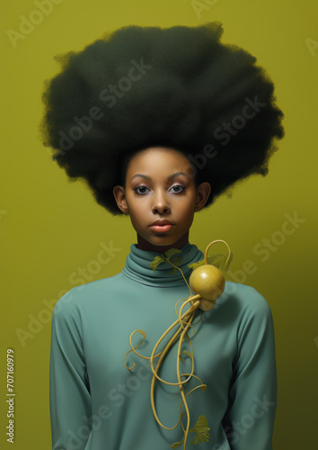 hyperrealistic portrait of a woman with a huge afro, in the style of hip-hop culture exploration. photo