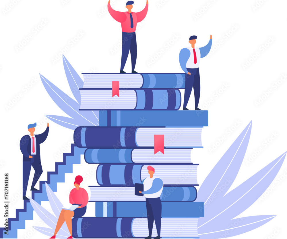 People climbing stairs of stacked books, man on top celebrates success ...