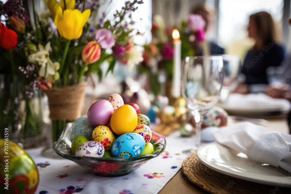Happy multi generational family having Easter dinner together, table setting with traditional food and spring flowers for Easter celebration
