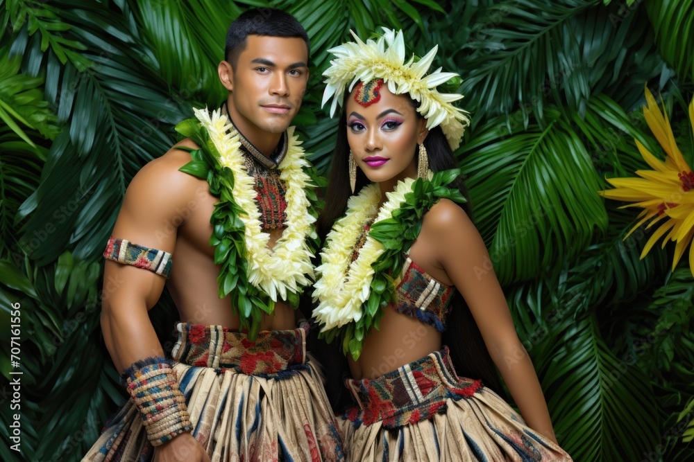 Portrait of a man and a woman in national costumes. Polynesia