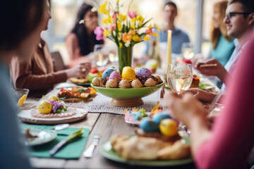 Happy multi generational family having Easter dinner together, table setting with traditional food and spring flowers for Easter celebration