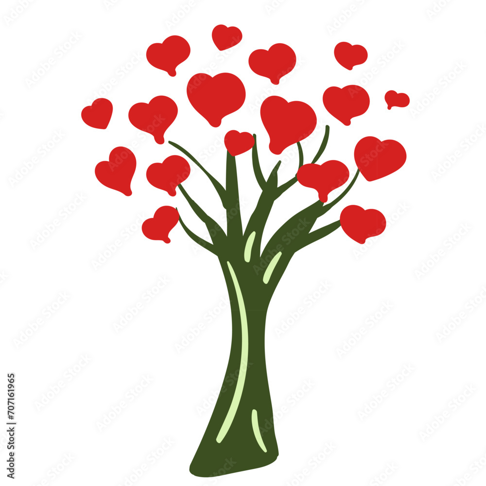 Obraz premium Tree with red hearts, vector illustration of Valentine's day. Icon element on white background, hand drawn. Design for gifts, invitations, frames, banners, menus, labels and websites.