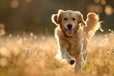 Large Golden Retriever Running in the Field in warm color at sunset