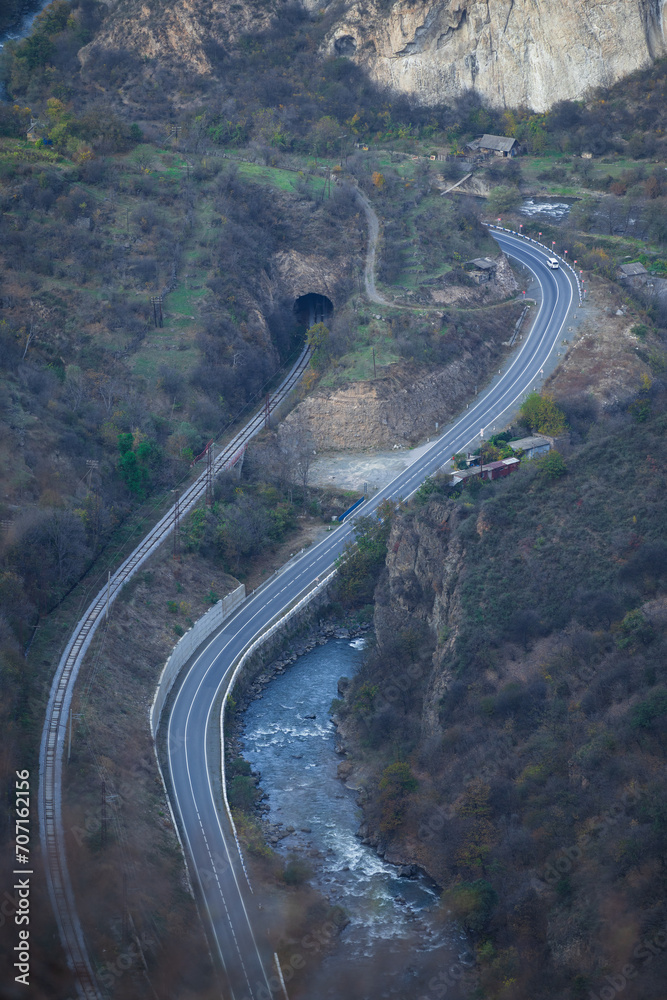Amazing canyon landscape with Debed river, railway and road, Armenia.