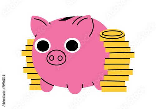 Hand drawn cute cartoon illustration of piggy bank with stacks of coins. Flat vector moneybox for savings sticker in colored doodle style. Investment or bank deposit icon. Financial cushion. Isolated.