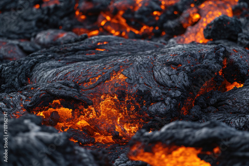 Close-Up Of Flowing Lava Amidst Black Volcanic Stones