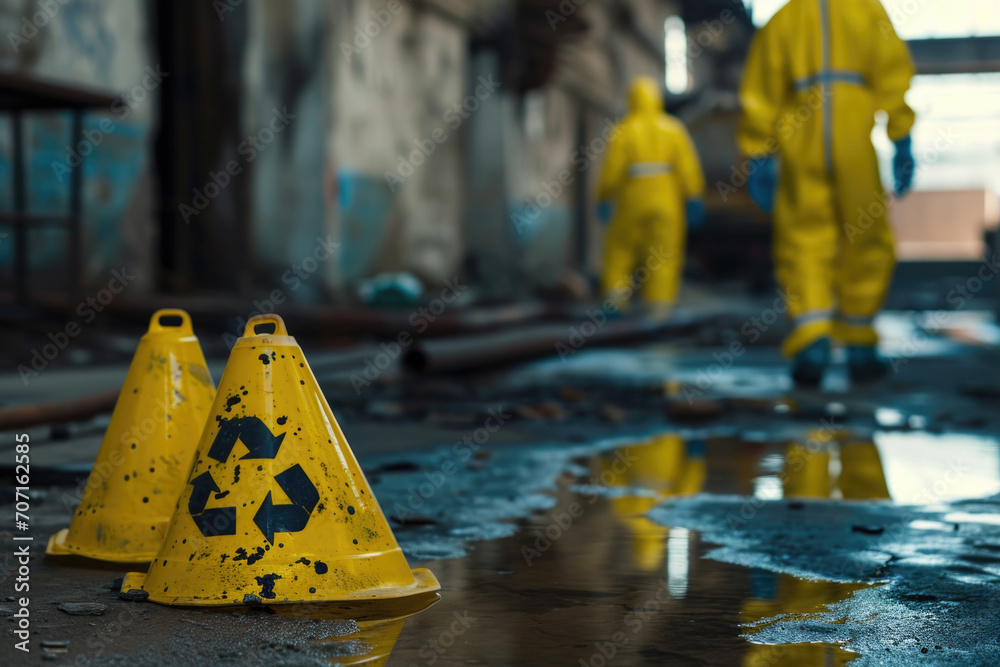 Splashed Chemical Chemical Spill With Hazmat Suits And Warning Signs Stock Photo | Adobe ...