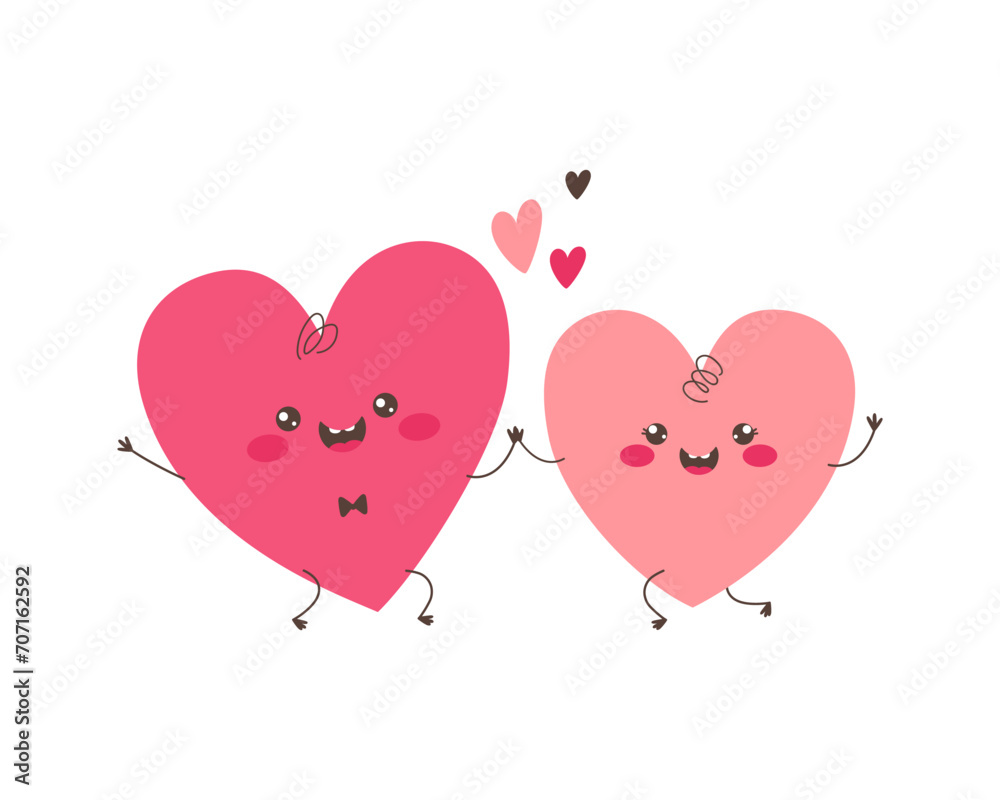 A pair of loving hearts. Two cartoon happy hearts. Valentine`s Day vector illustration.
