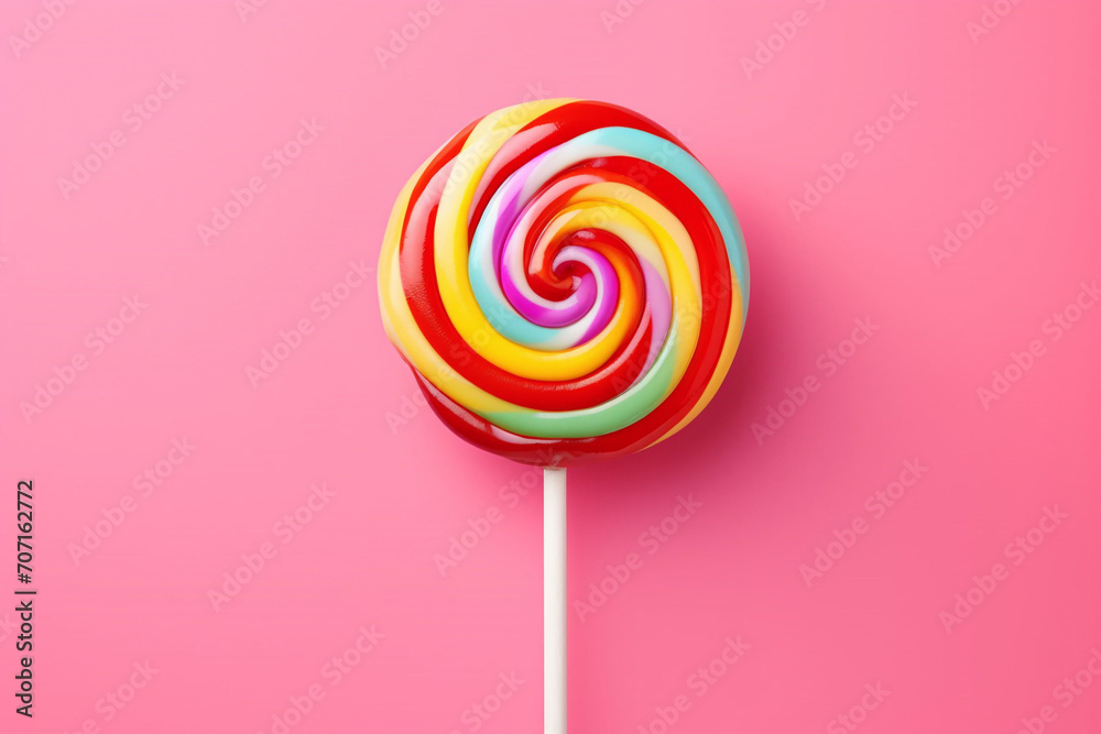 A multi-colored lollipop spins on a white stick on a pink background. Top view, copy space A multi-colored lollipop spins on a white stick on a pink background. Top view, copy space