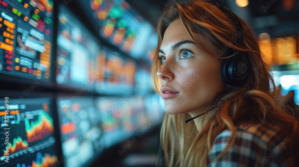 Focused female financial analyst on a busy trading floor, depicting the intensity of finance. Focused female financial analyst on a busy trading floor, depicting the intensity of finance.